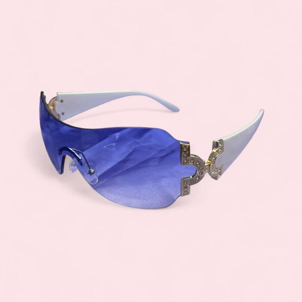 Oversized rimless shield sunglasses with icy blue gradient futuristic y2k